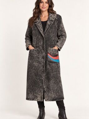 Vintage Pioneer Wear Washed Black Denim Coat with  Leather Accent Pocket SZ 8